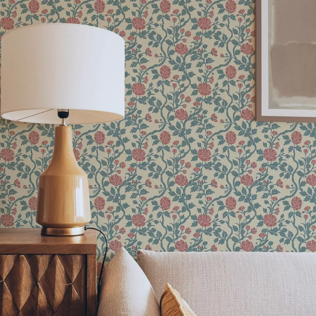 Papel de parede Padrão retro com flores em vermelho e verde a00250