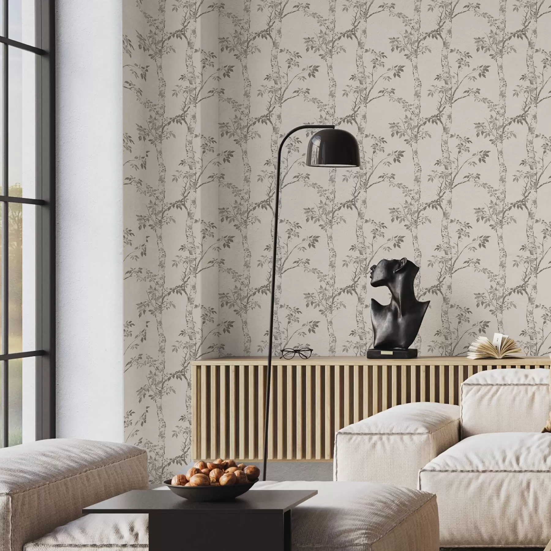 murais de parede Ramos de bétula com folhas sobre um fundo claro a00257