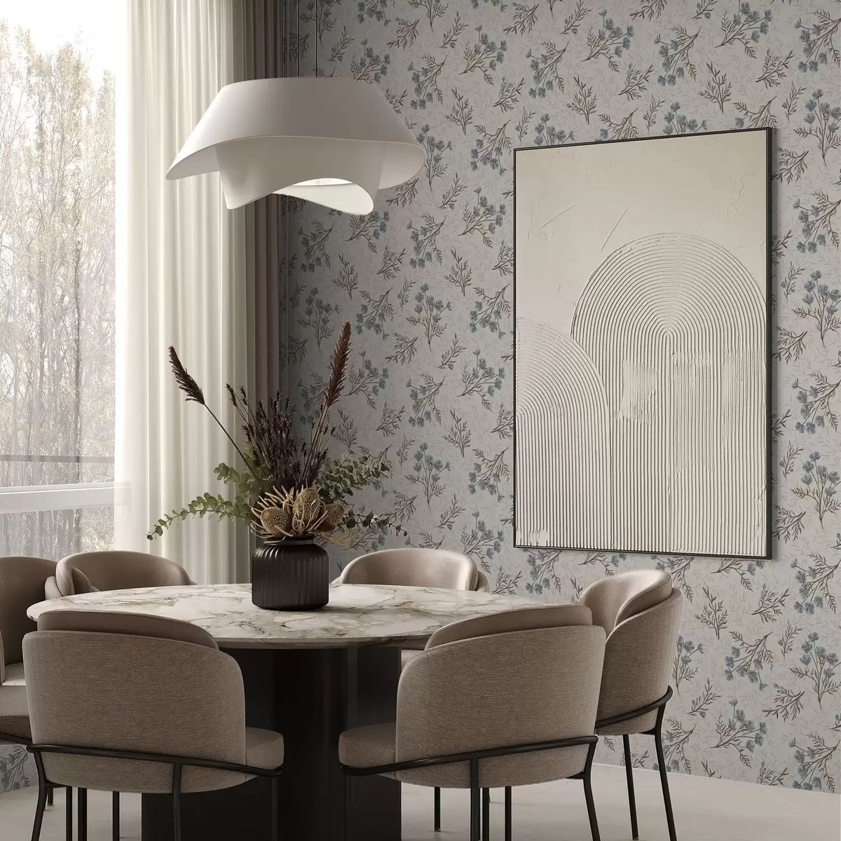 Papel de parede Pequenas flores azuis com ramos castanhos a00265