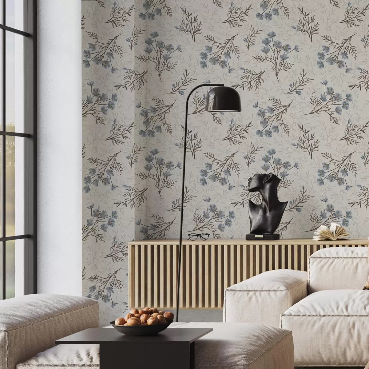 Papel de parede Flores azuis e ramos claros sobre um fundo branco a00265v1