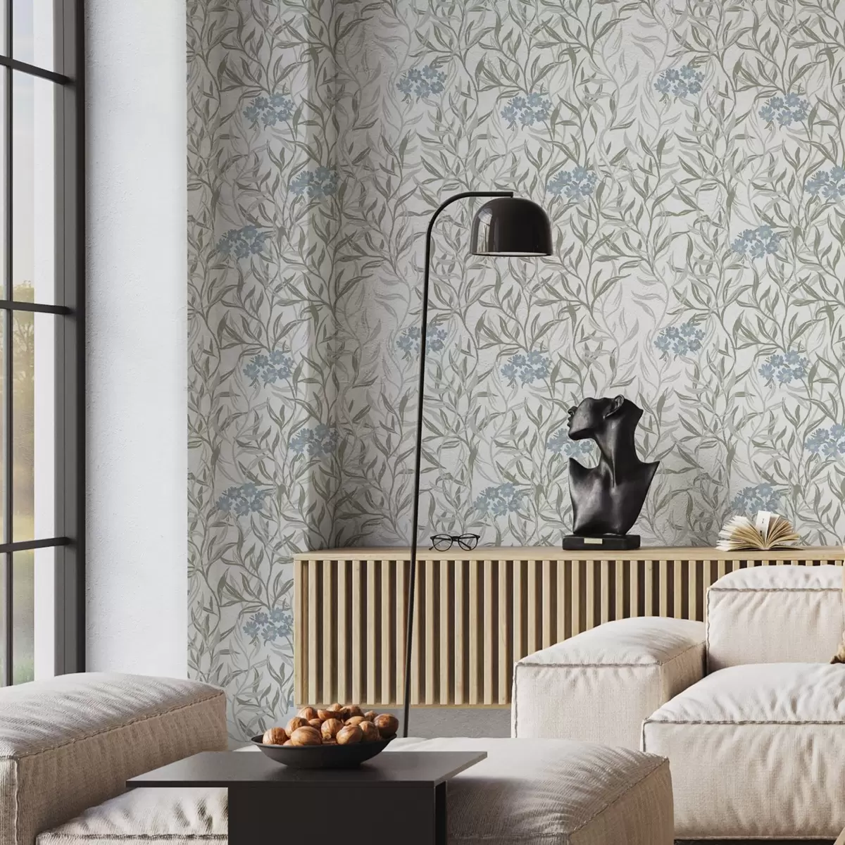 Papel de parede Estampado botânico claro com flores azuis a00268