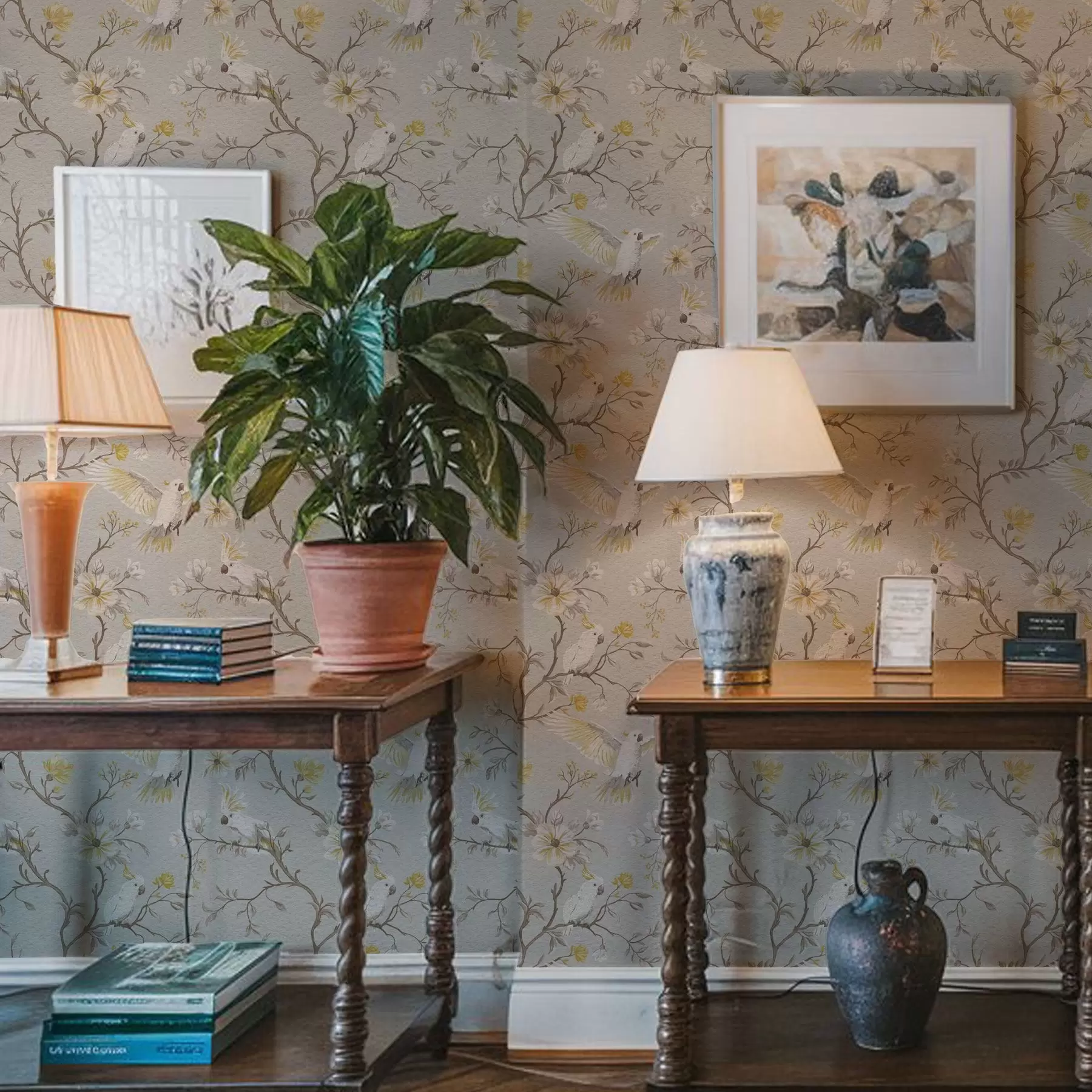 murais de parede Papagaios e flores amarelas sobre fundo claro a00270