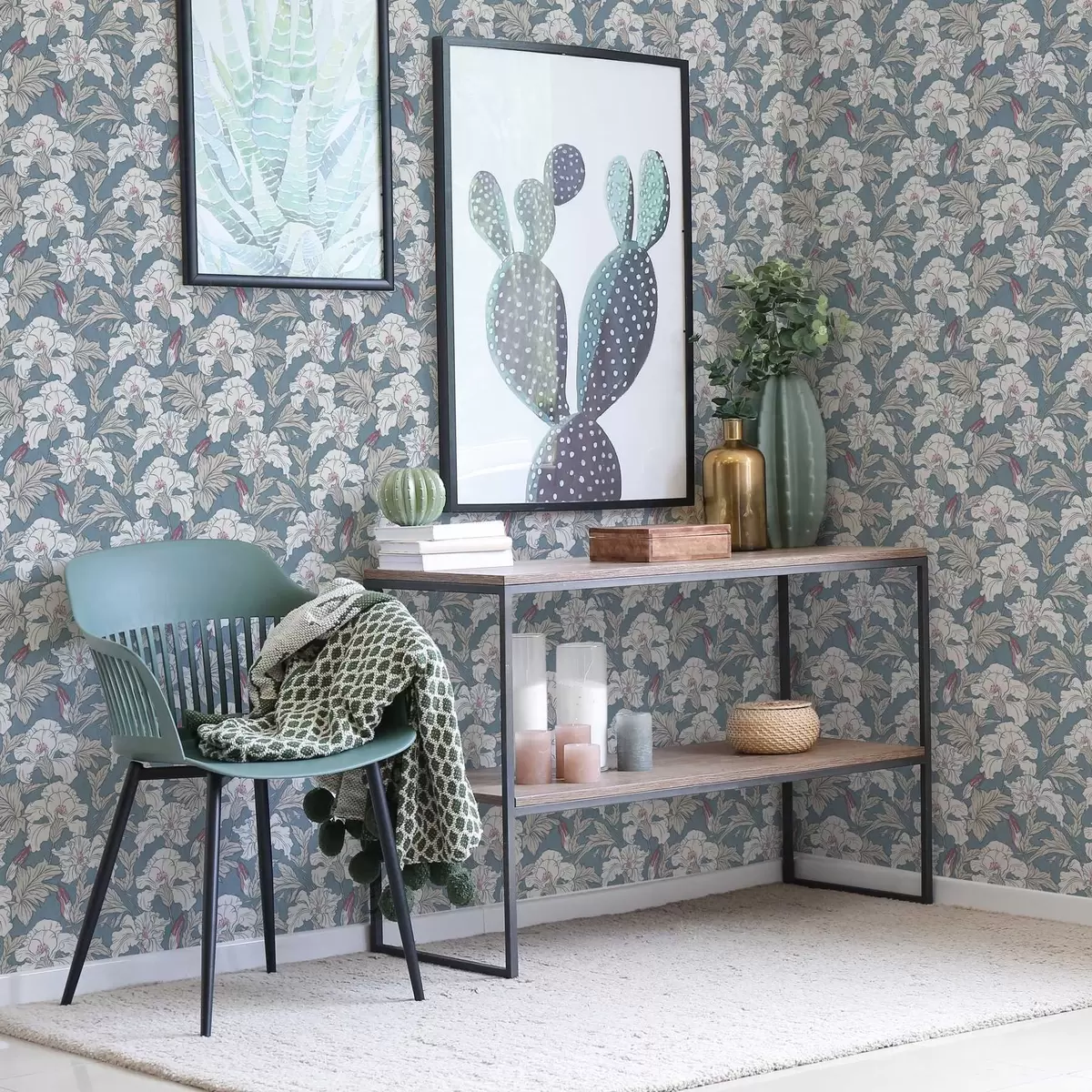 Papel de parede Hibisco branco sobre fundo azul com padrão de contorno a00272v1