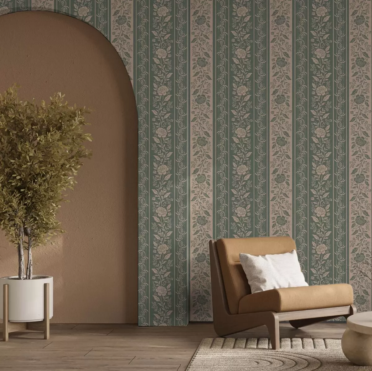 Papel de parede Riscas verticais com padrão floral a00273