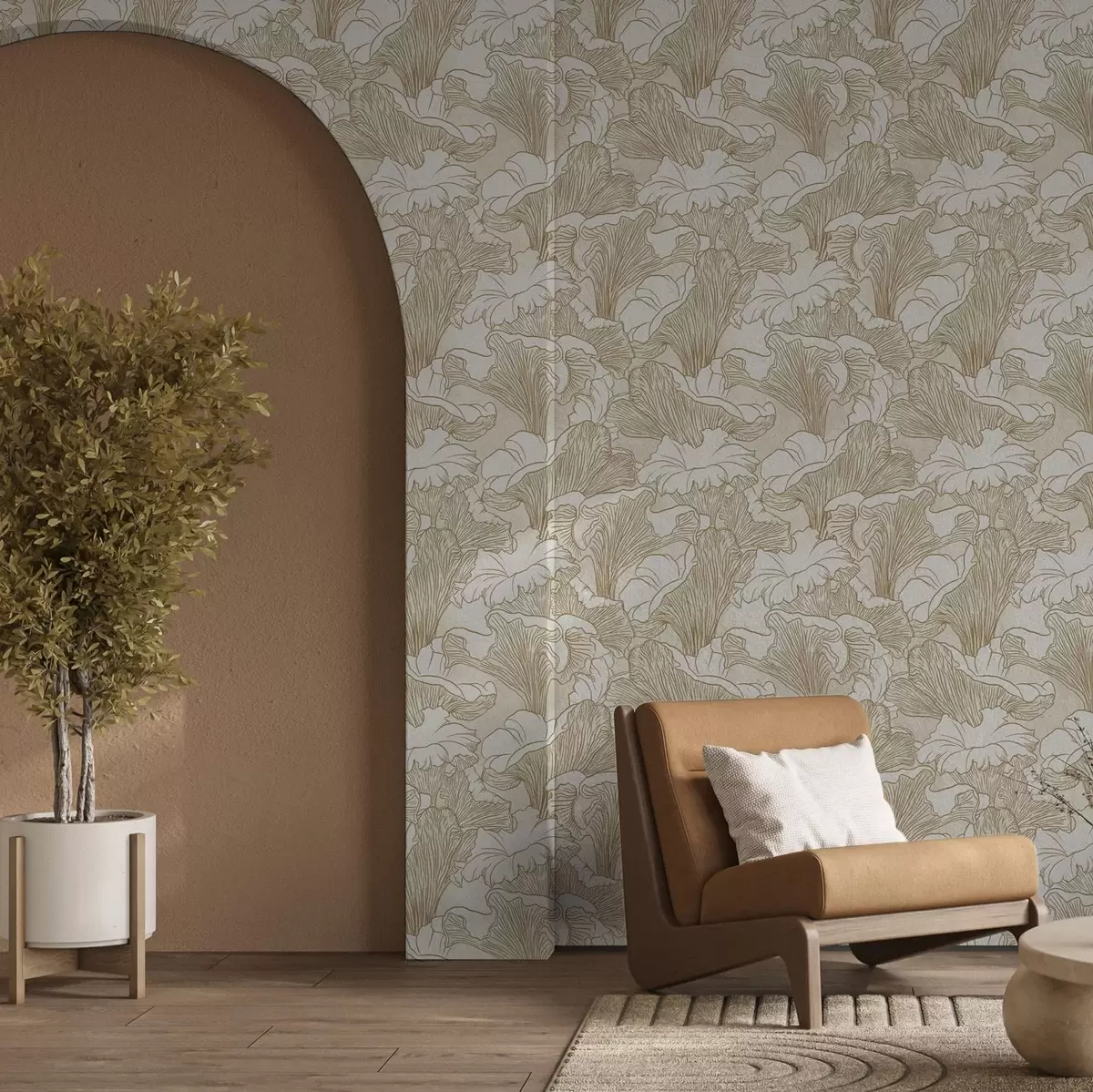 Papel de parede Cogumelos Chanterelle, desenho de linhas sobre fundo creme a00275