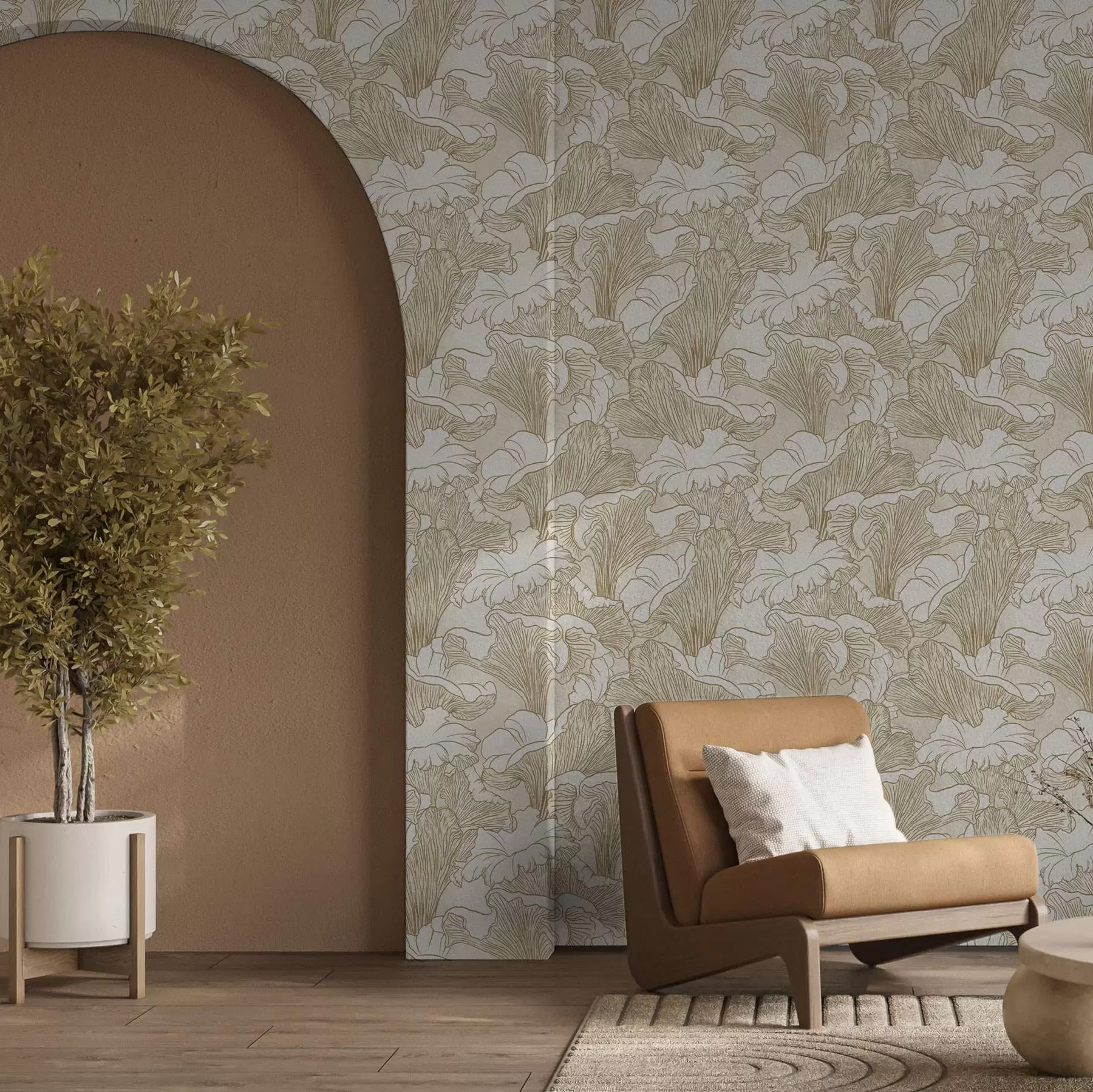 murais de parede Cogumelos Chanterelle, desenho de linhas sobre fundo creme a00275