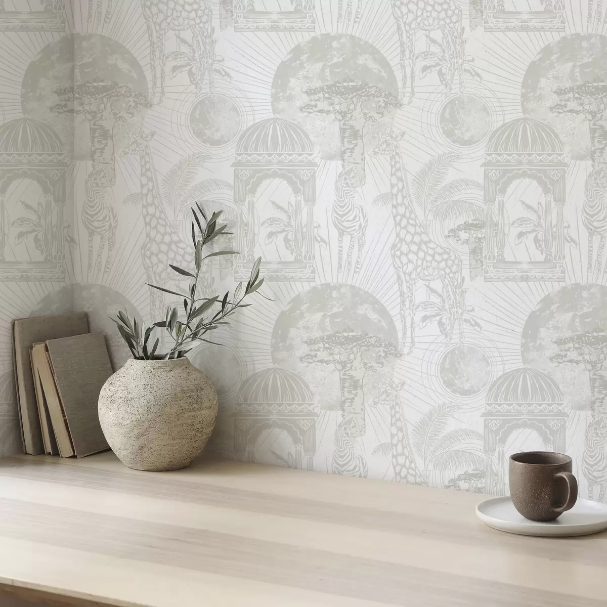 Papel de parede Ilustração gráfica com girafa, zebra e palmeiras a00276v1