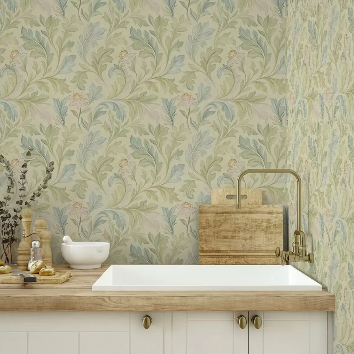 Papel de parede Folhas vintage sobre fundo amarelado, cores suaves a00277v1