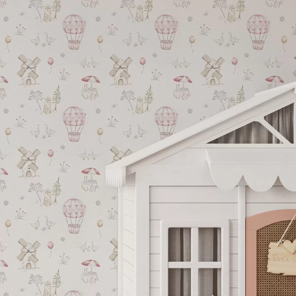 Papel de parede Ilustrações para crianças: Cão, patos, bolas, moinho a00278