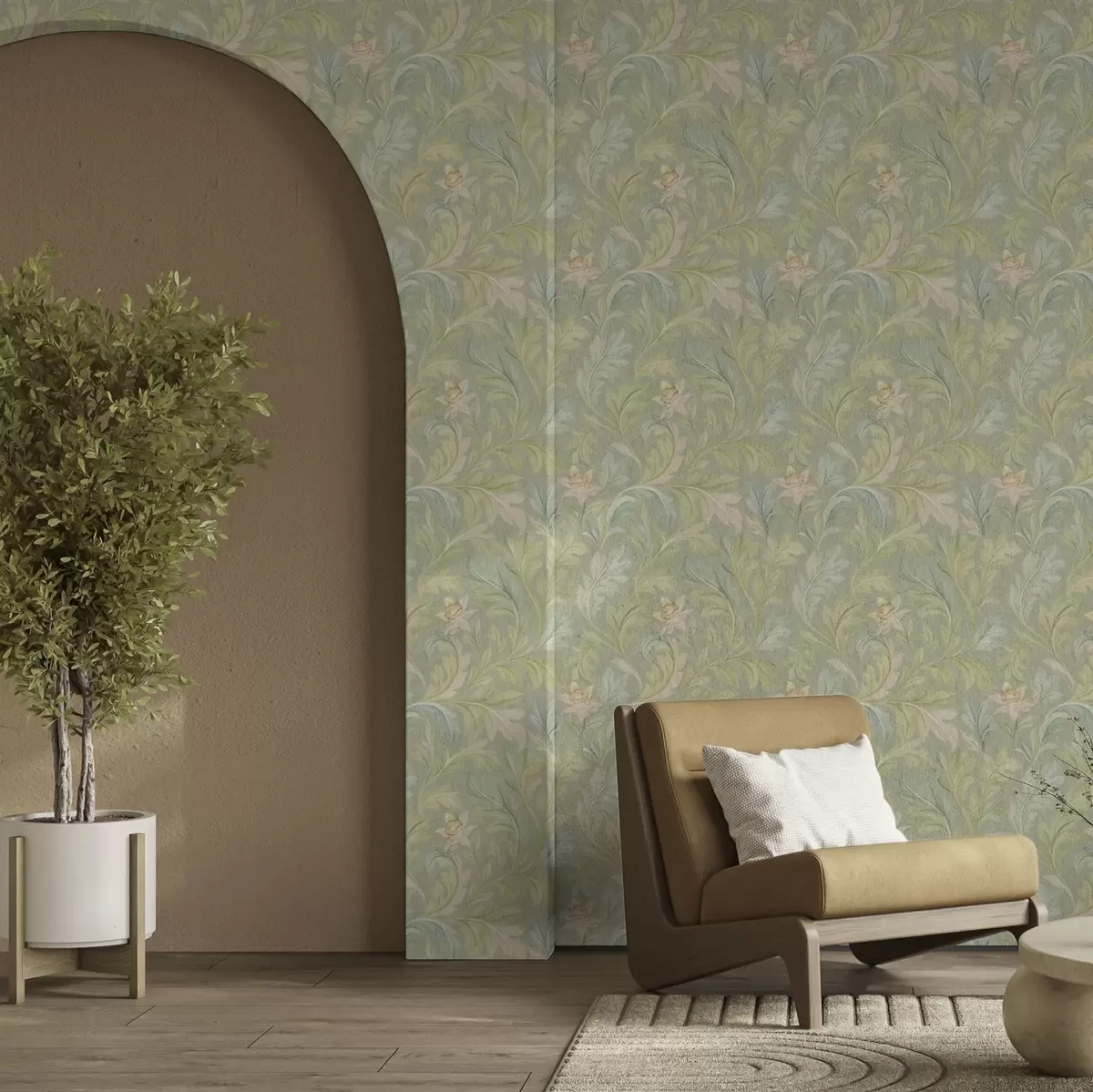 Papel de parede Folhas vintage sobre fundo verde, cores pastel a00277