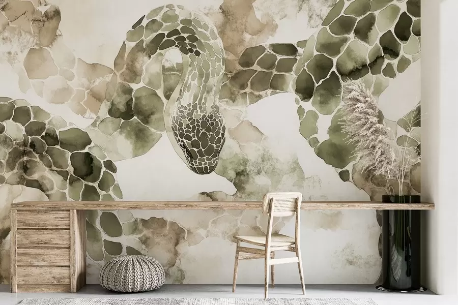 murais de parede Silhueta de cobra, estilo aguarela, cores azeitonas w04113v3