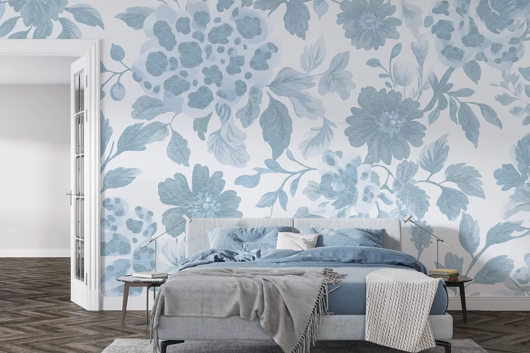 murais de parede Flores estilo boho com estampado de leopardo, cor azul w04114v1