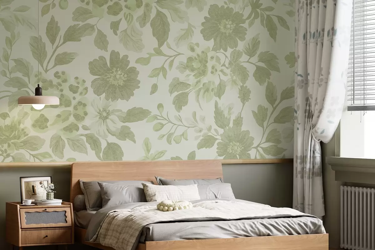 murais de parede Flores estilo Boho com estampado de leopardo, cor verde w04114v2