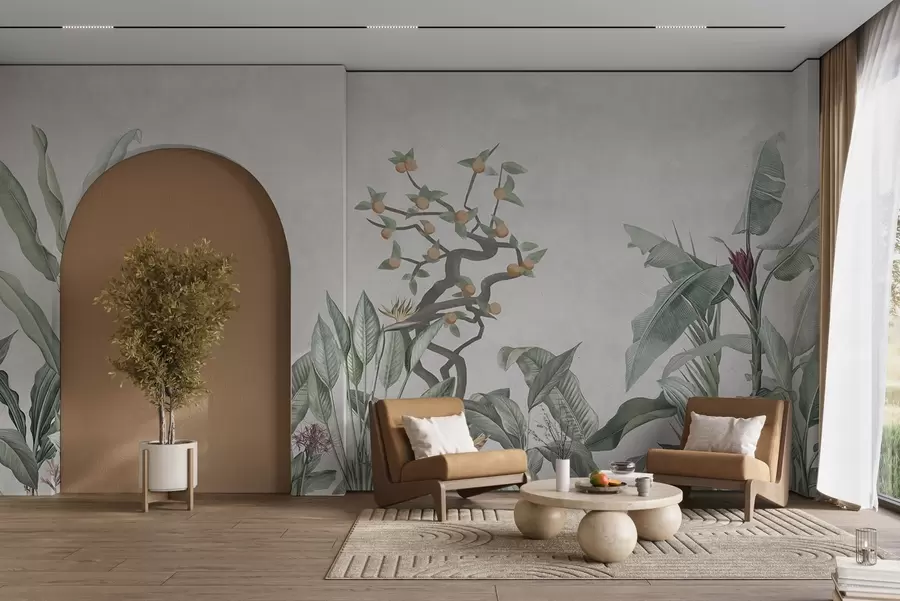 murais de parede Plantas tropicais com laranjeira sobre um fundo claro w04201