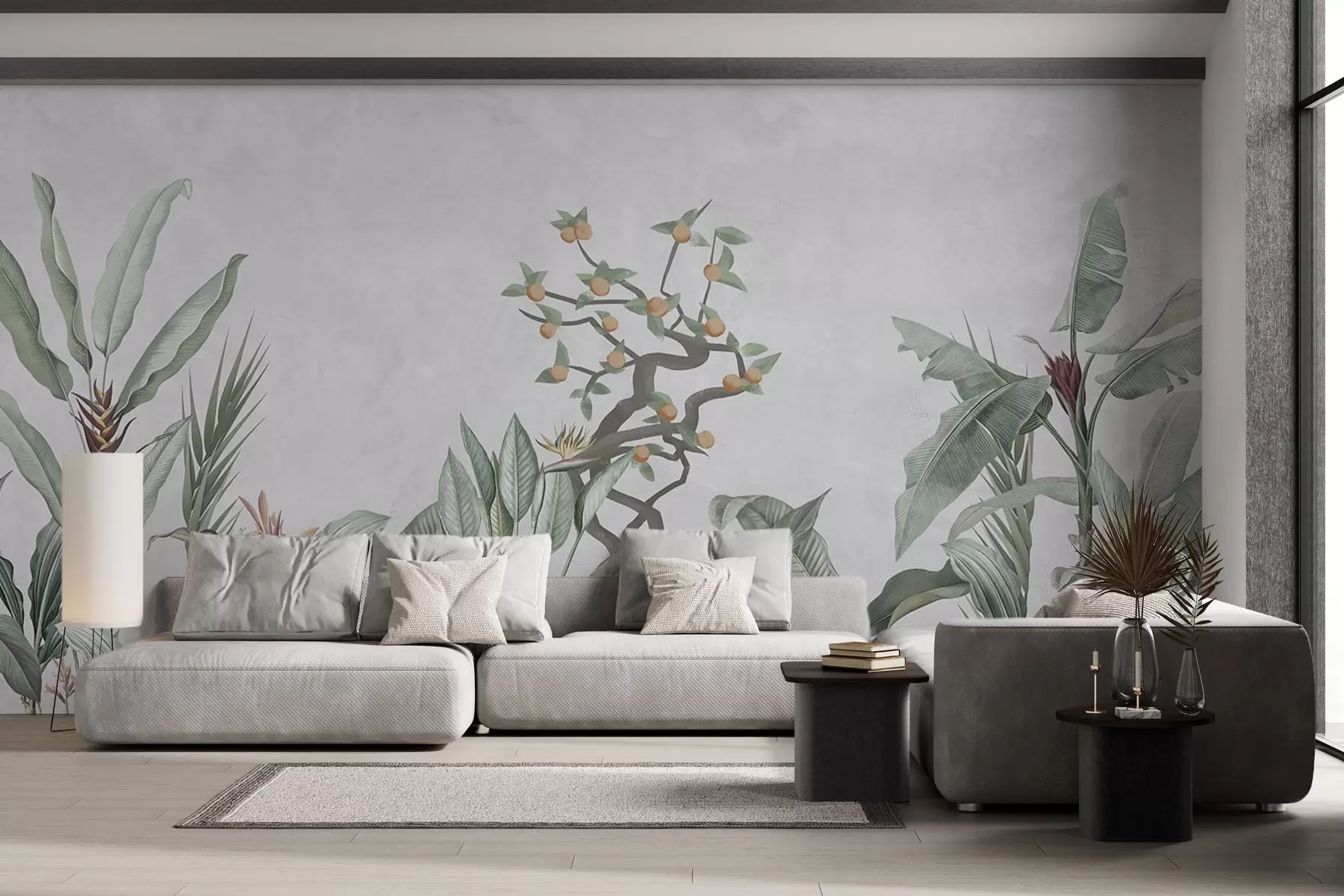 murais de parede Plantas tropicais com laranjeira sobre um fundo claro w04201