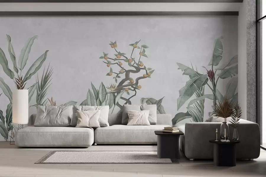 murais de parede Plantas tropicais com laranjeira sobre um fundo claro w04201