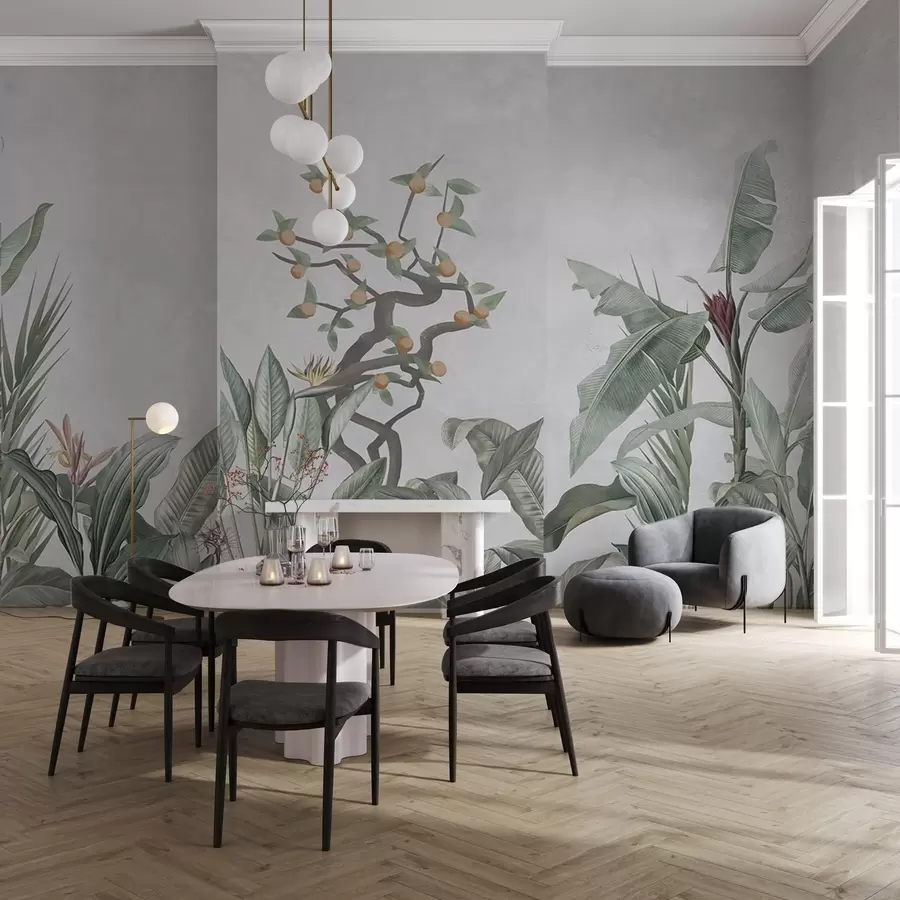 murais de parede Plantas tropicais com laranjeira sobre um fundo claro w04201