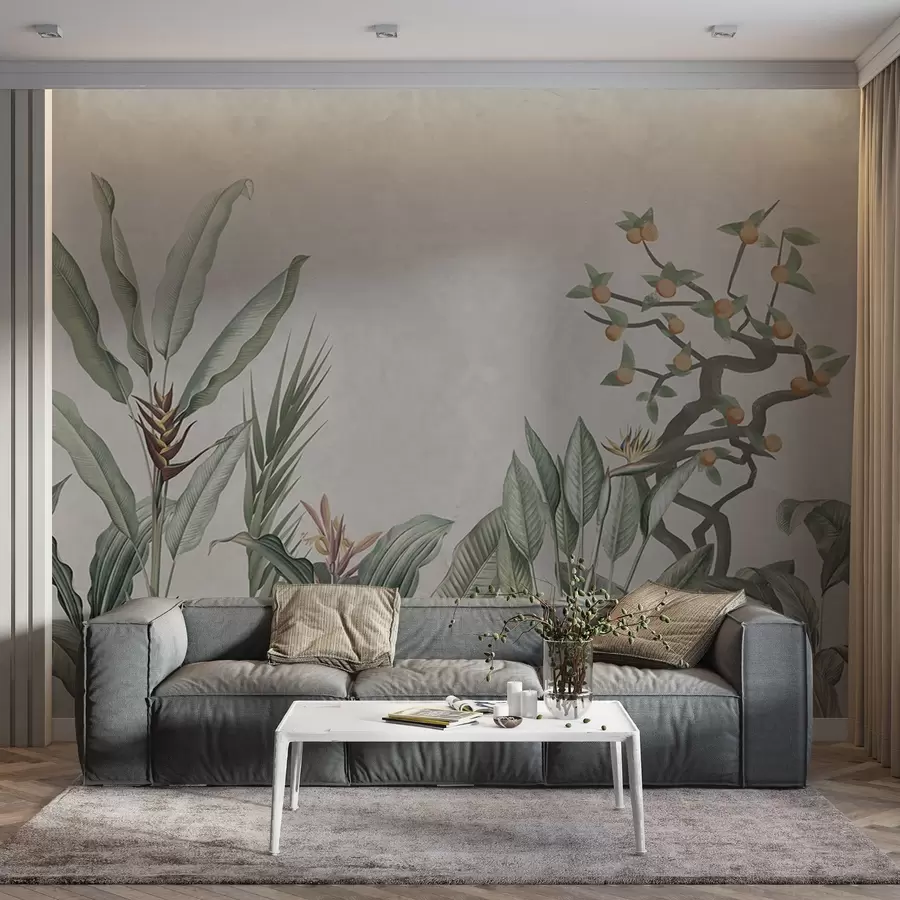murais de parede Composição tropical com plantas e árvores sobre um fundo cinzento w04201v1