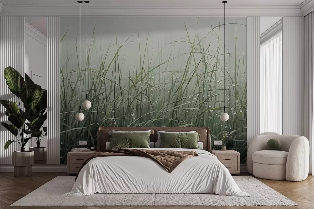 murais de parede Relva com gotas de água, tons verdes suaves, luz suave, fundo enevoado, estilo abstrato minimalista texturado w09217