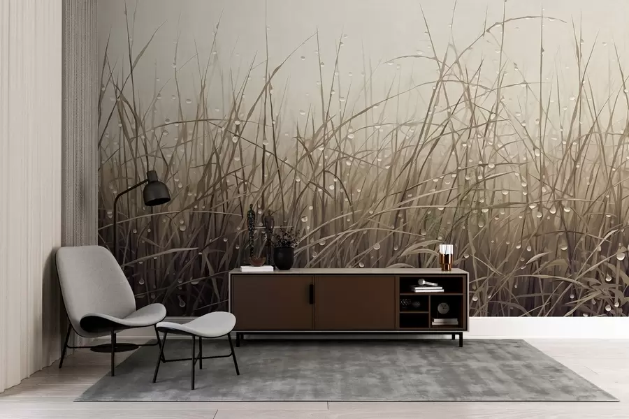 murais de parede Relva com gotas de água, tons castanhos suaves, luz suave, fundo enevoado, estilo abstrato minimalista texturado w09217v1