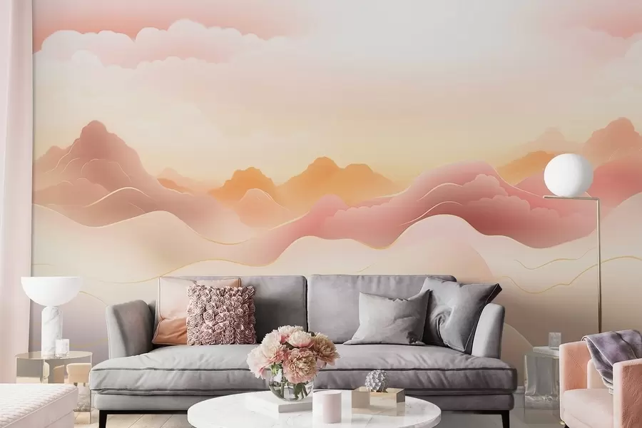 murais de parede Montanhas enevoadas sob um nascer do sol quente w09242