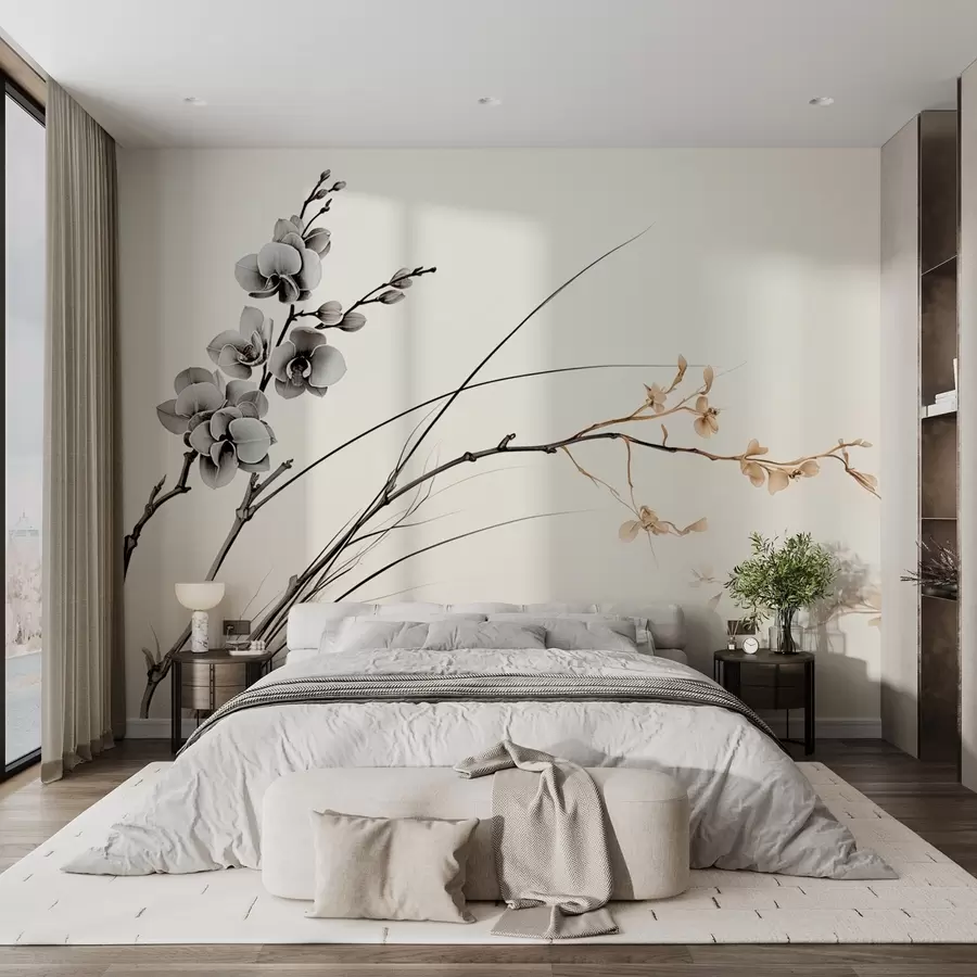 murais de parede Ramo de orquídea minimalista em tons suaves de sépia e cinzento w09250