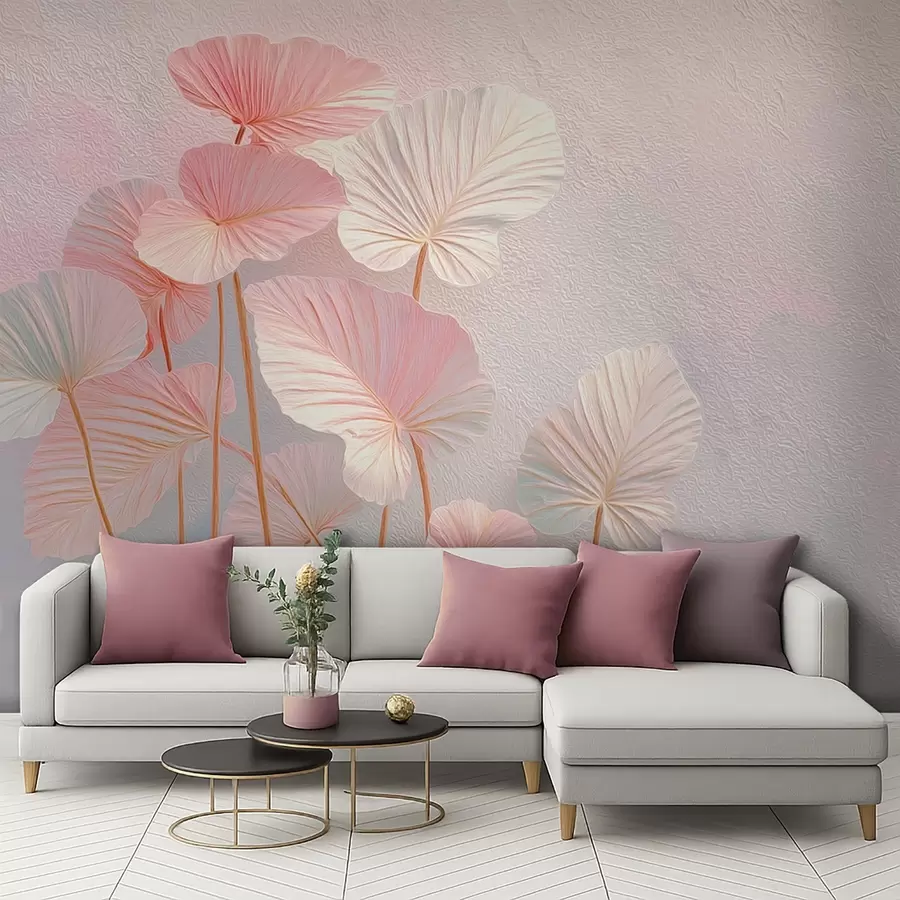 murais de parede Grandes folhas tropicais elegantes em tons suaves de rosa e azul w09252