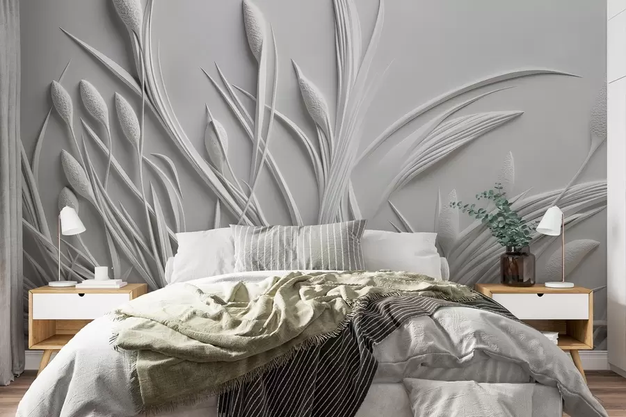 murais de parede Baixo-relevo com folhas delicadas e pampas w04247
