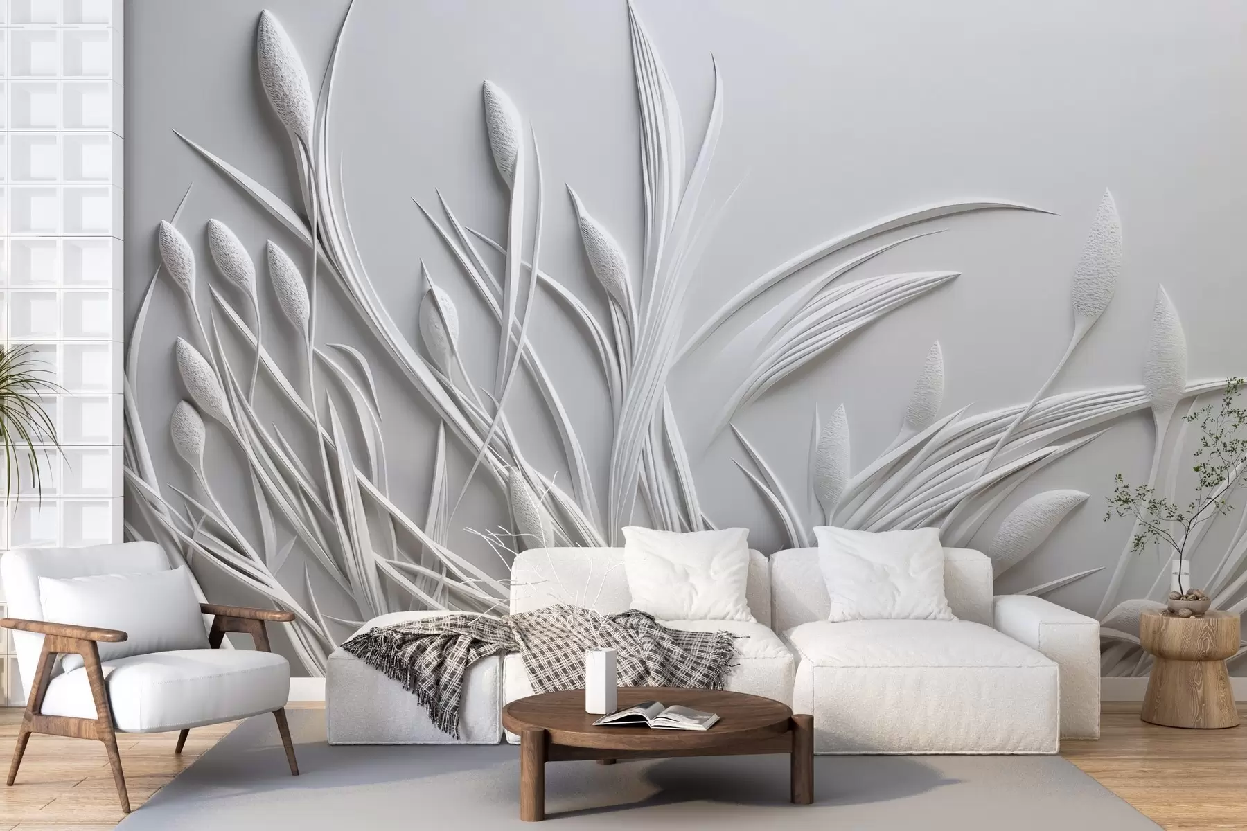 murais de parede Baixo-relevo com folhas delicadas e pampas w04247