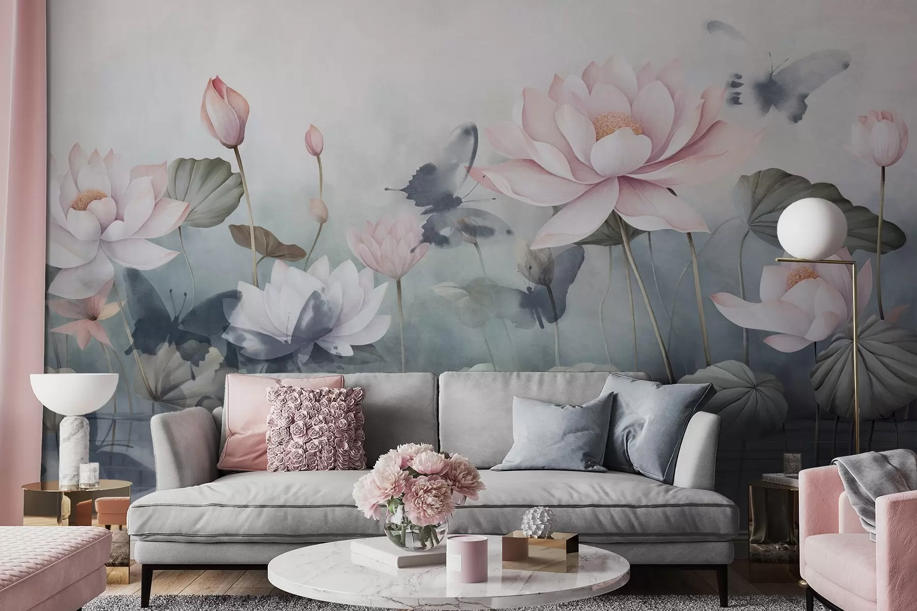 murais de parede Flores texturizadas de lótus com pétalas cor-de-rosa pastel, folhas verdes, reflexo da água, cores pastel suaves, efeito aguarela w09254