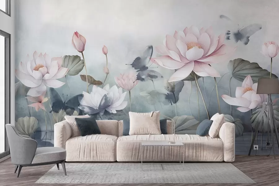 murais de parede Flores texturizadas de lótus com pétalas cor-de-rosa pastel, folhas verdes, reflexo da água, cores pastel suaves, efeito aguarela w09254