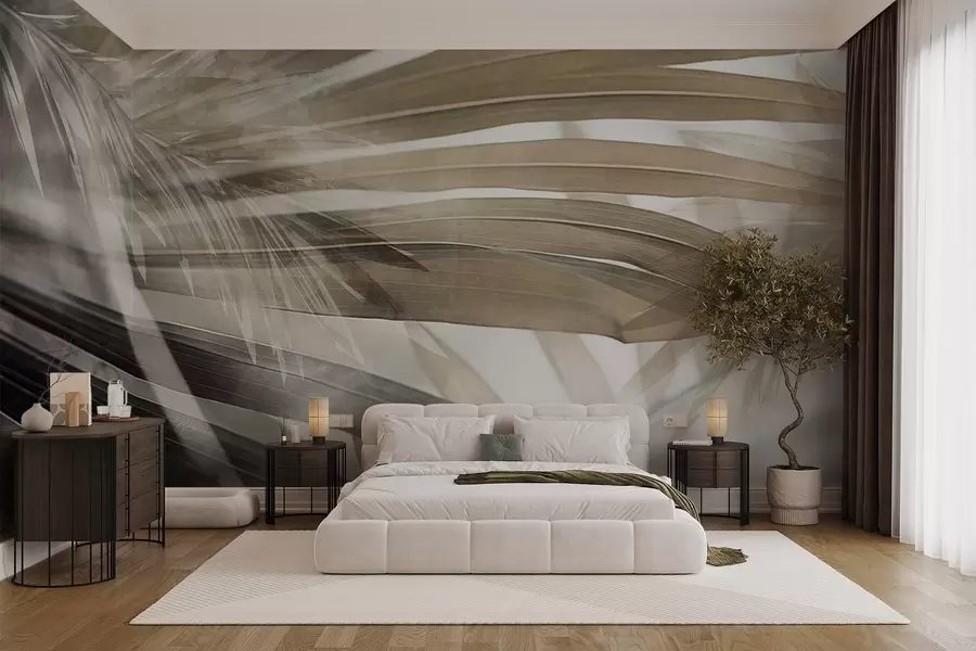 murais de parede Folhas de palmeira com uma tonalidade castanha clara, sobrepostas e criando um efeito de camadas, sobre um fundo suave e neutro w09256