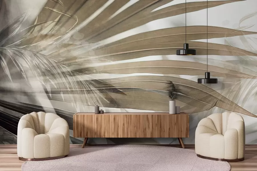 murais de parede Folhas de palmeira com uma tonalidade castanha clara, sobrepostas e criando um efeito de camadas, sobre um fundo suave e neutro w09256