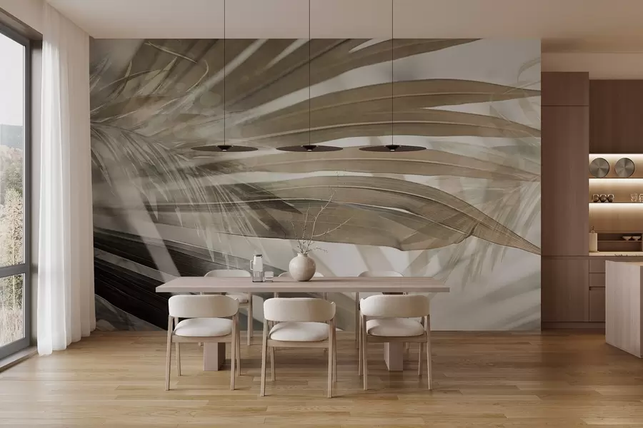 murais de parede Folhas de palmeira com uma tonalidade castanha clara, sobrepostas e criando um efeito de camadas, sobre um fundo suave e neutro w09256