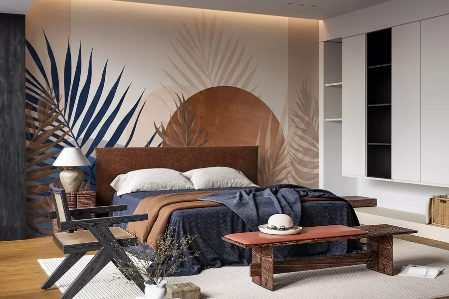 murais de parede Composição abstrata texturada com folhas tropicais em tons de azul e tons de terra, com uma grande forma circular w09257