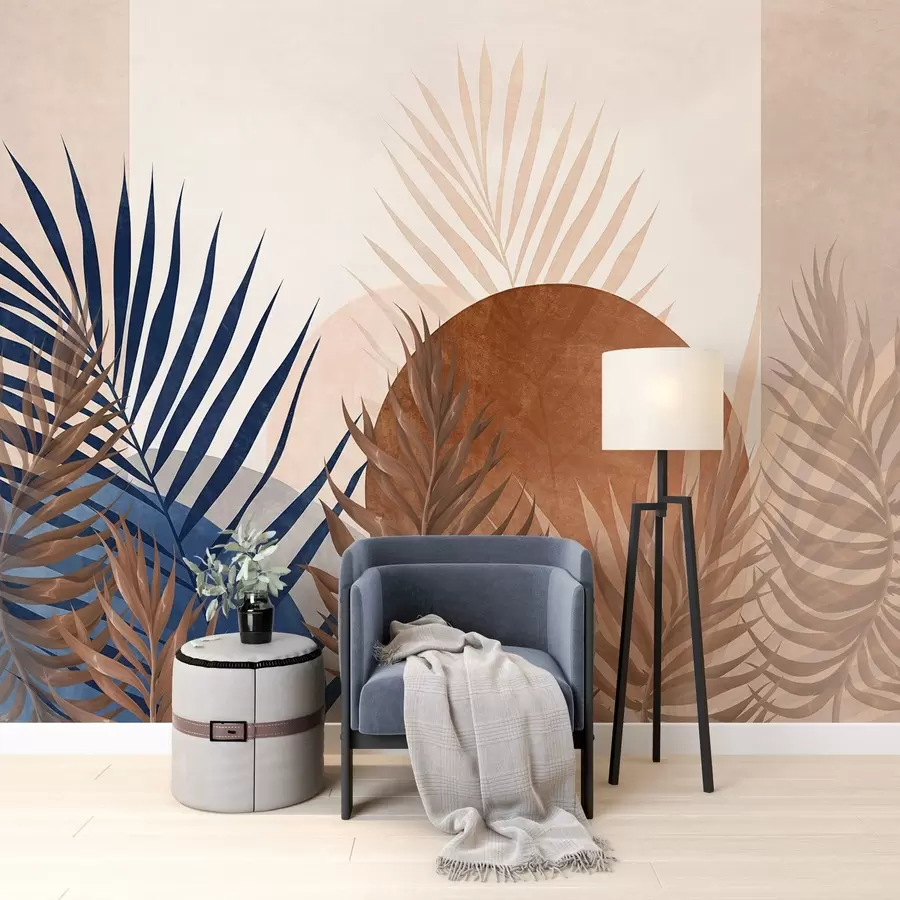 murais de parede Composição abstrata texturada com folhas tropicais em tons de azul e tons de terra, com uma grande forma circular w09257