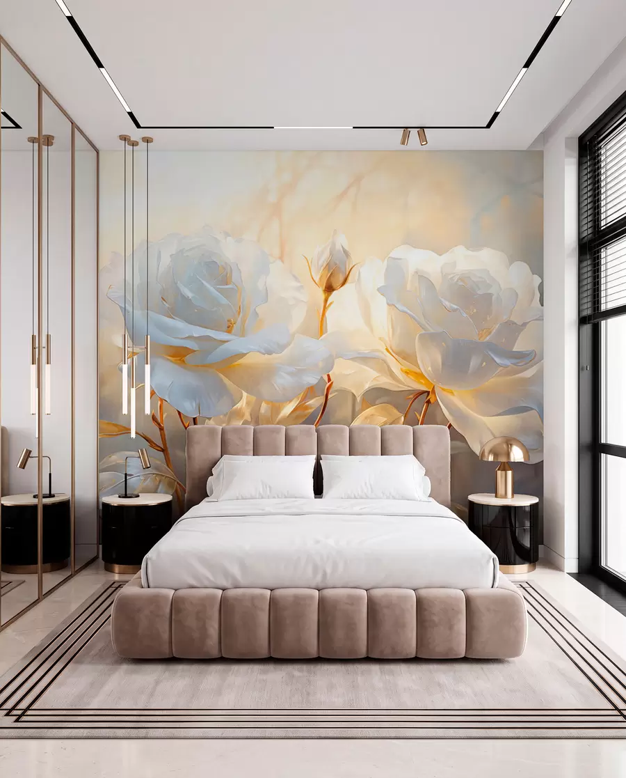 murais de parede Rosas brancas texturadas com caules e folhas amarelos, iluminação suave, fundo claro com formas florais esbatidas w09258