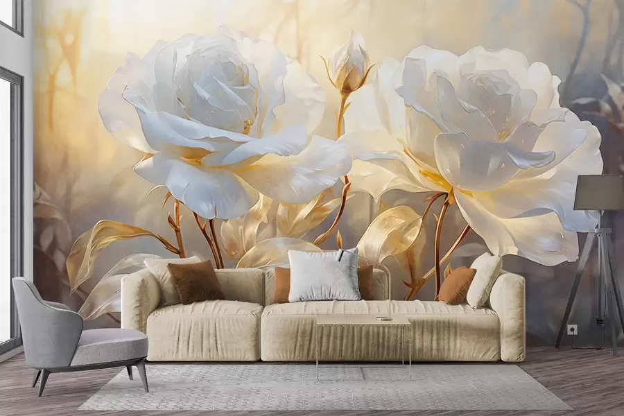 murais de parede Rosas brancas texturadas com caules e folhas amarelos, iluminação suave, fundo claro com formas florais esbatidas w09258