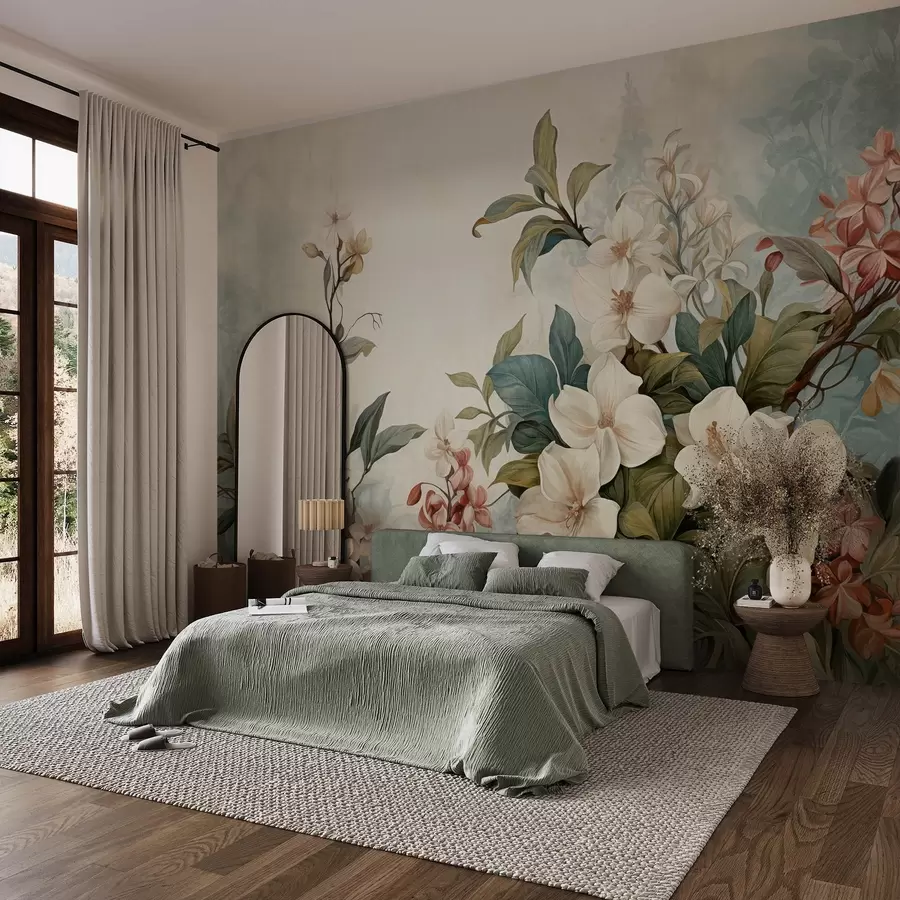 murais de parede Flores e folhas tropicais texturadas com tons suaves de azul e verde, pinceladas delicadas, estilo botânico vintage w09259