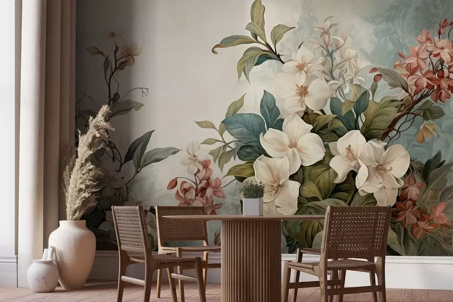 murais de parede Flores e folhas tropicais texturadas com tons suaves de azul e verde, pinceladas delicadas, estilo botânico vintage w09259