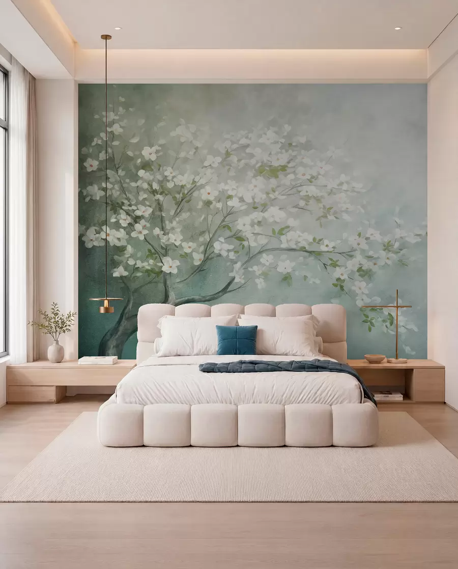murais de parede Uma árvore florida com flores brancas em plena floração, sobre um fundo granulado com textura ruidosa de azul e verde suaves w09261