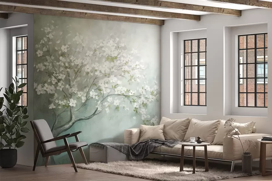 murais de parede Uma árvore florida com flores brancas em plena floração, sobre um fundo granulado com textura ruidosa de azul e verde suaves w09261