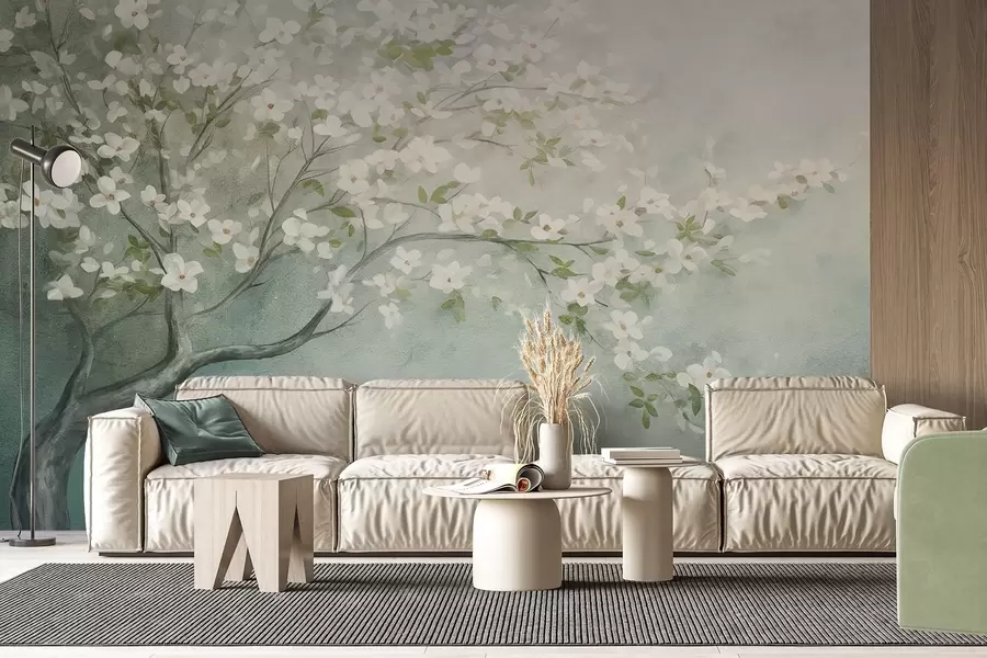 murais de parede Uma árvore florida com flores brancas em plena floração, sobre um fundo granulado com textura ruidosa de azul e verde suaves w09261