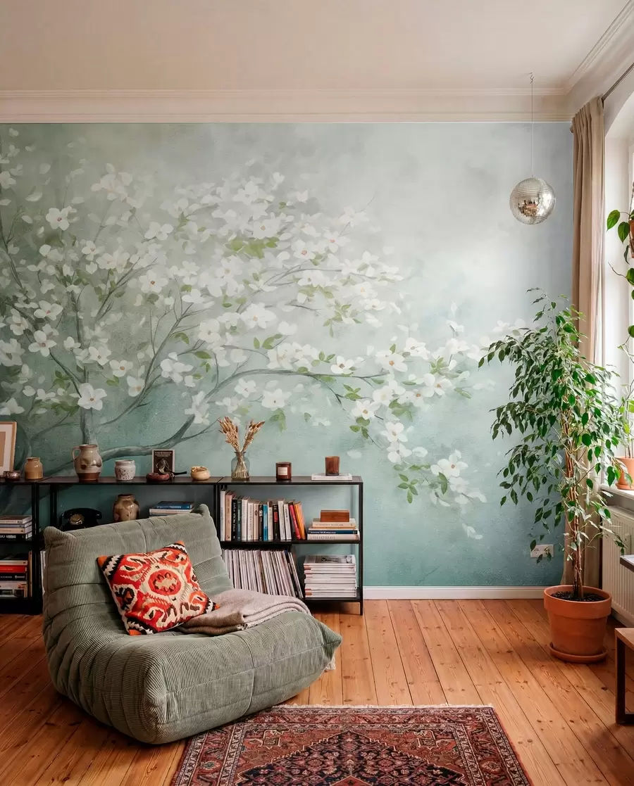 murais de parede Uma árvore florida com flores brancas em plena floração, sobre um fundo granulado com textura ruidosa de azul e verde suaves w09261