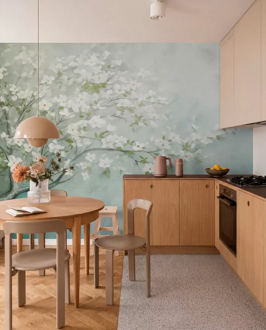 murais de parede Uma árvore florida com flores brancas em plena floração, sobre um fundo granulado com textura ruidosa de azul e verde suaves w09261