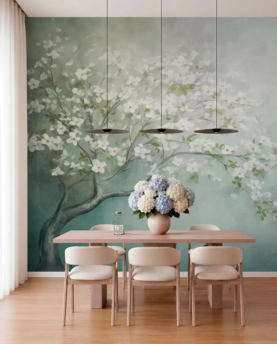 murais de parede Uma árvore florida com flores brancas em plena floração, sobre um fundo granulado com textura ruidosa de azul e verde suaves w09261