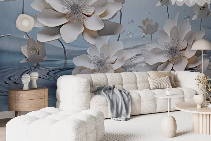 murais de parede Flores brancas texturadas com gotas de água, reflexos na superfície da água, fundo azul claro, design elegante w09262