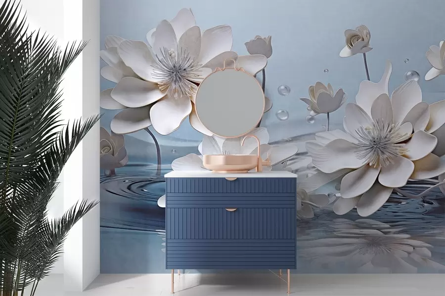 murais de parede Flores brancas texturadas com gotas de água, reflexos na superfície da água, fundo azul claro, design elegante w09262