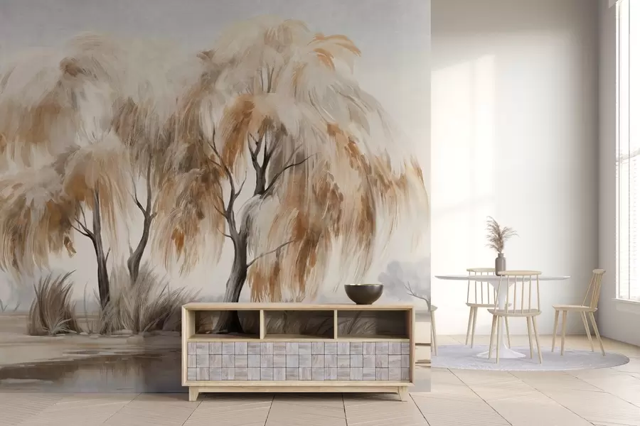 murais de parede Salgueiros texturizados com folhas castanhas e brancas na margem de um lago, com alguma relva à volta, num dia enevoado w09268