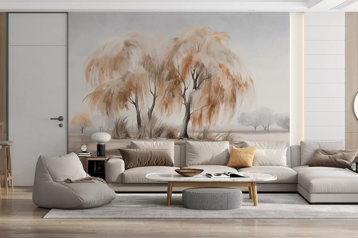 murais de parede Salgueiros texturizados com folhas castanhas e brancas na margem de um lago, com alguma relva à volta, num dia enevoado w09268